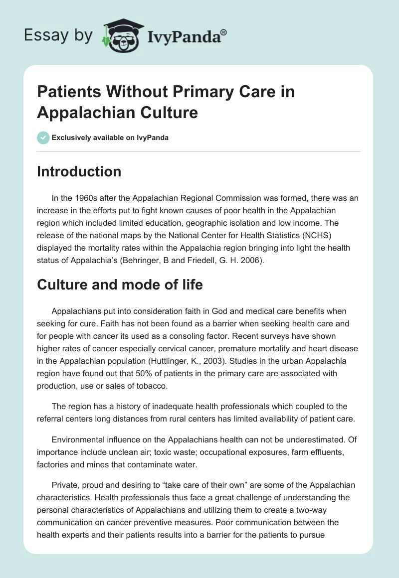Patients Without Primary Care in Appalachian Culture. Page 1