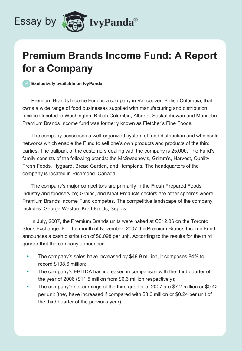 Premium Brands Income Fund: A Report for a Company. Page 1