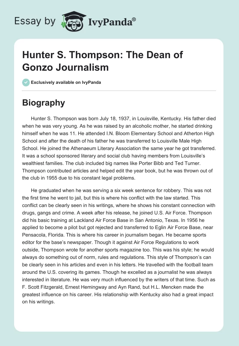 Hunter S. Thompson: The Dean of Gonzo Journalism. Page 1