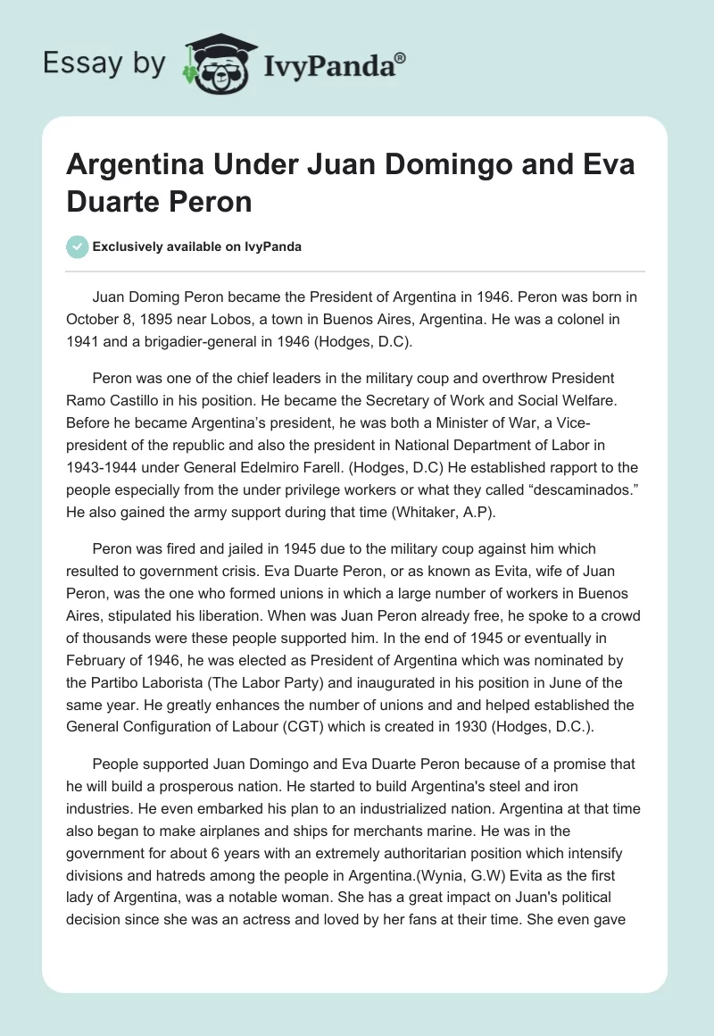 Argentina Under Juan Domingo and Eva Duarte Peron. Page 1