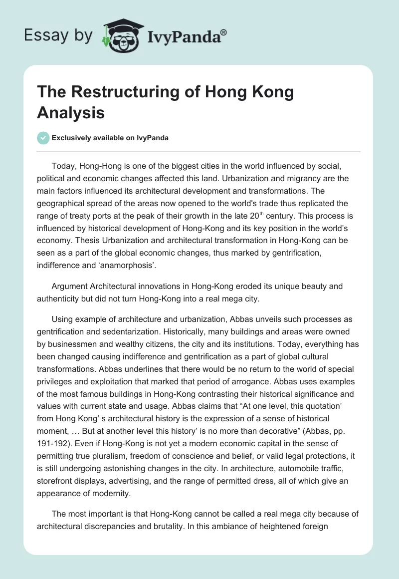 The Restructuring of Hong Kong Analysis. Page 1