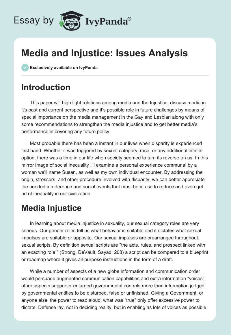 Media and Injustice: Issues Analysis. Page 1