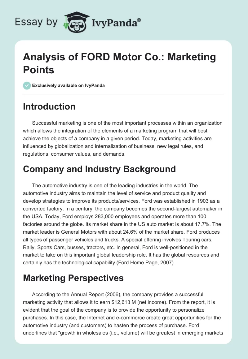 Analysis of FORD Motor Co.: Marketing Points. Page 1
