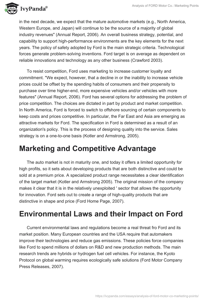 Analysis of FORD Motor Co.: Marketing Points. Page 2