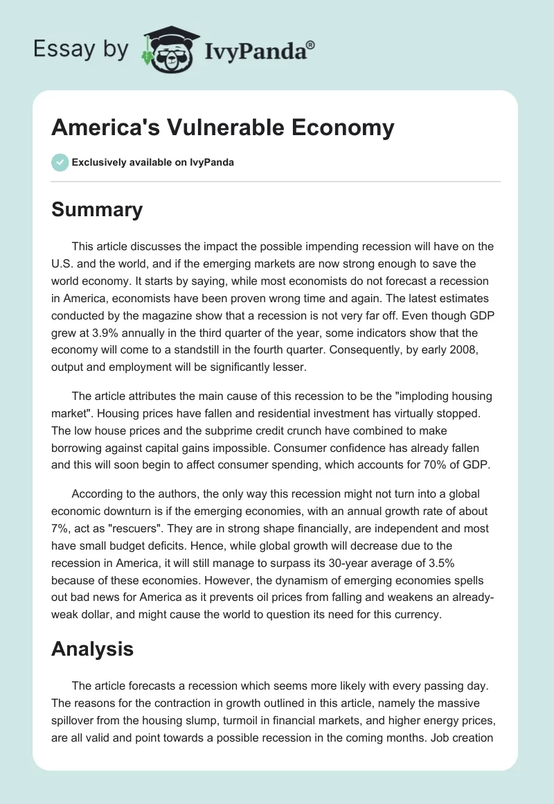 America's Vulnerable Economy. Page 1