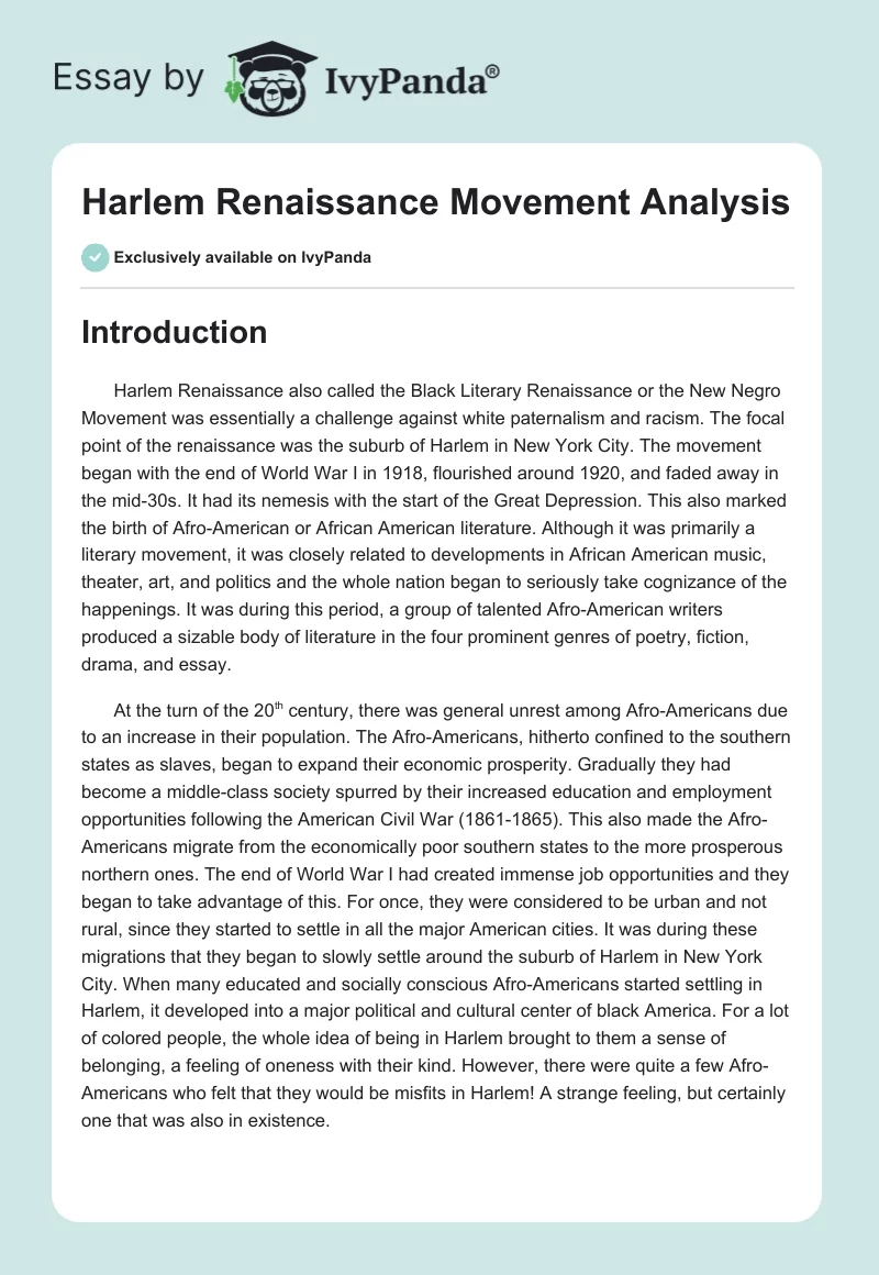 Harlem Renaissance Movement Analysis. Page 1