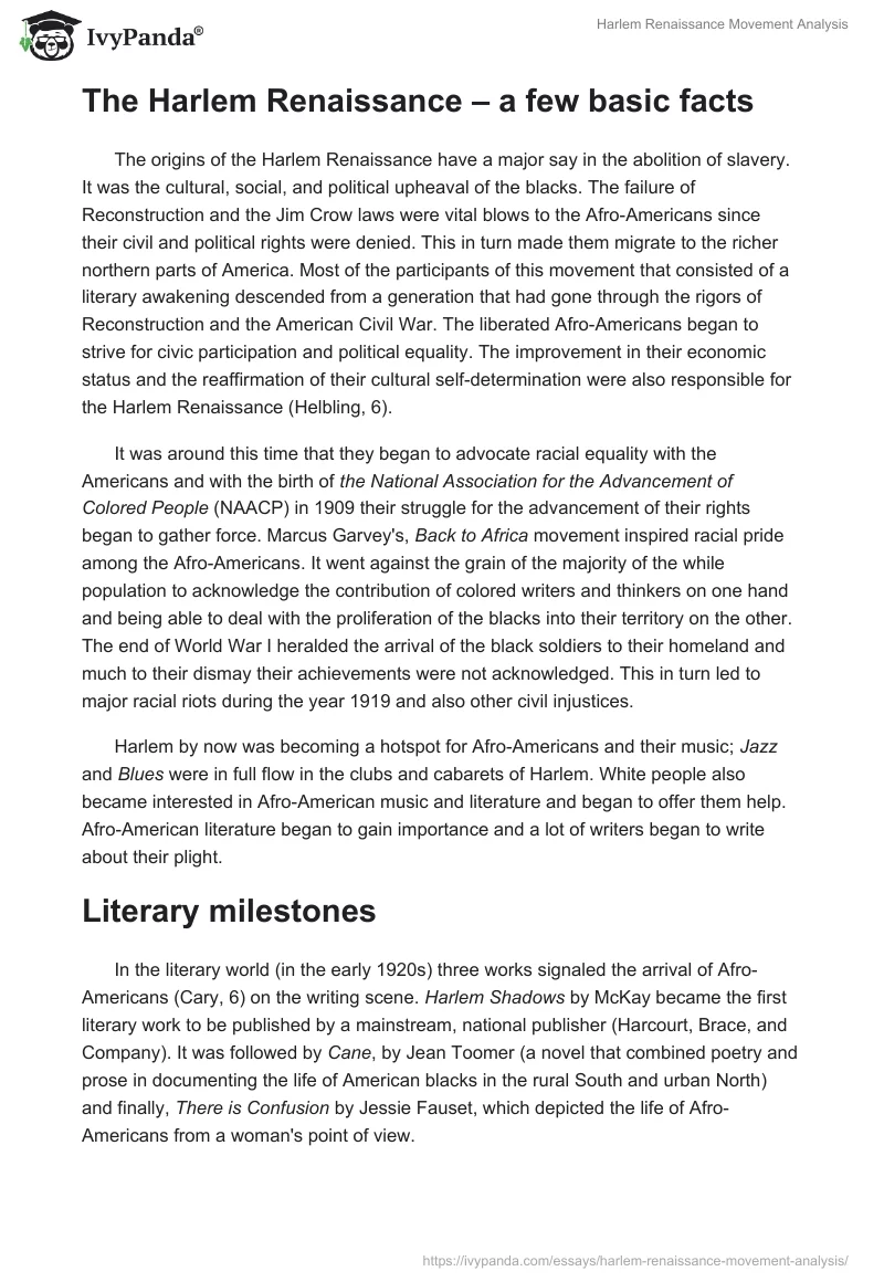 Harlem Renaissance Movement Analysis. Page 2