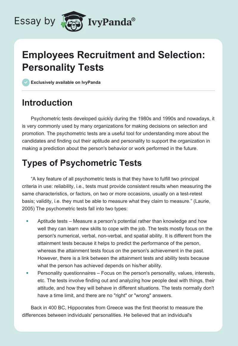 Employees Recruitment and Selection: Personality Tests. Page 1