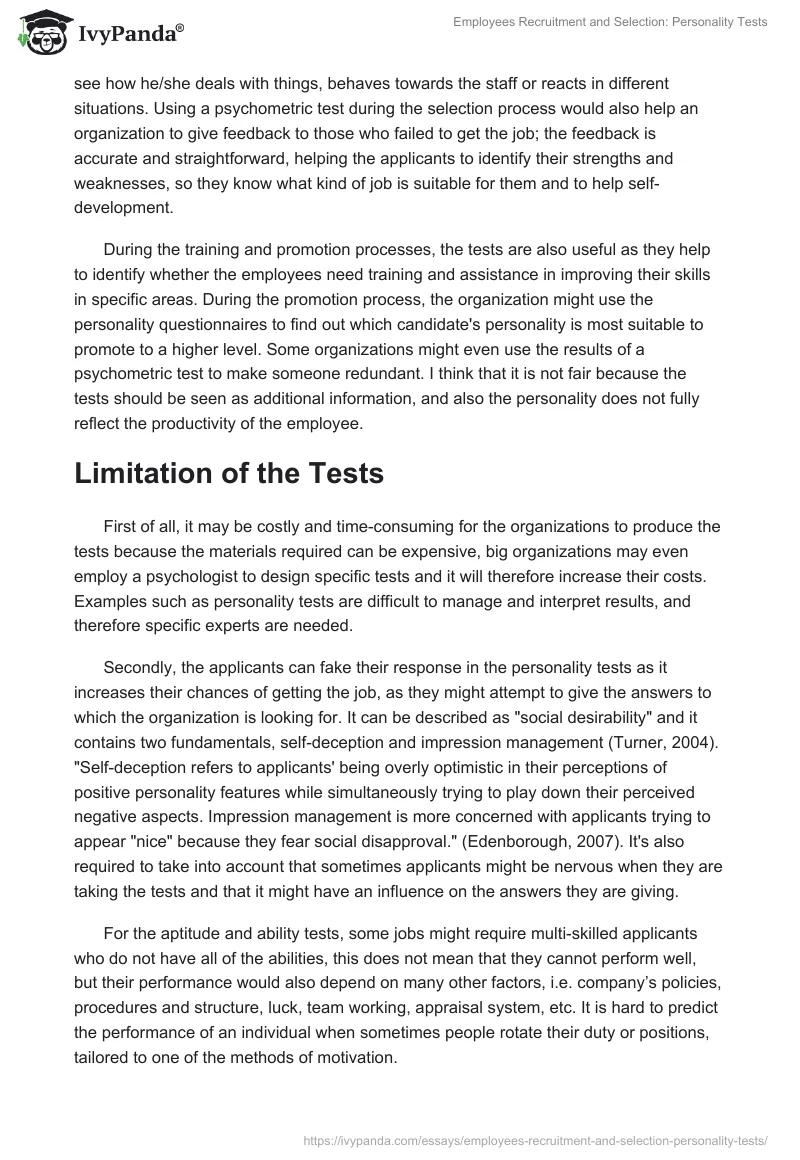 Employees Recruitment and Selection: Personality Tests. Page 3