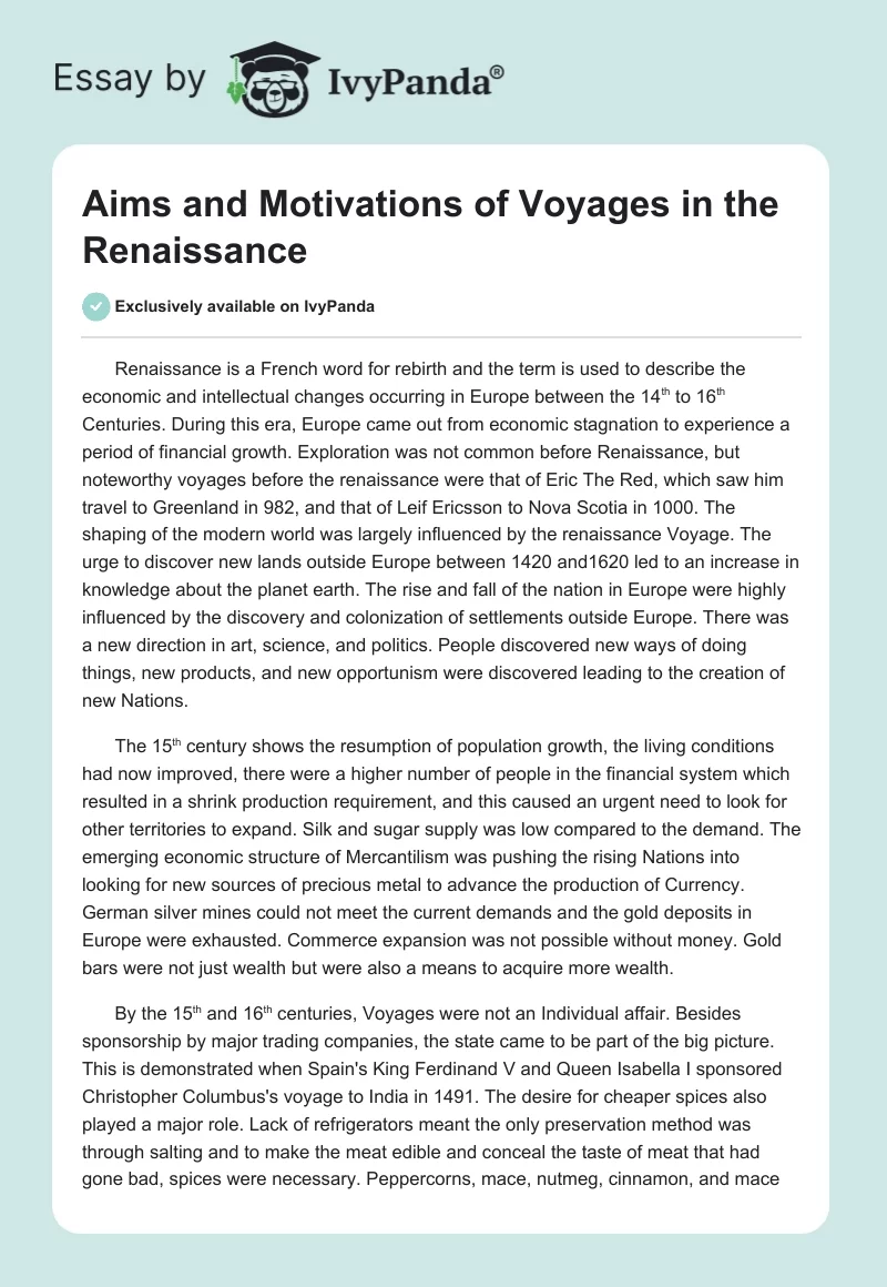Aims and Motivations of Voyages in the Renaissance. Page 1