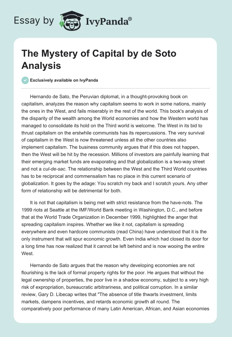 "The Mystery of Capital" by de Soto Analysis. Page 1