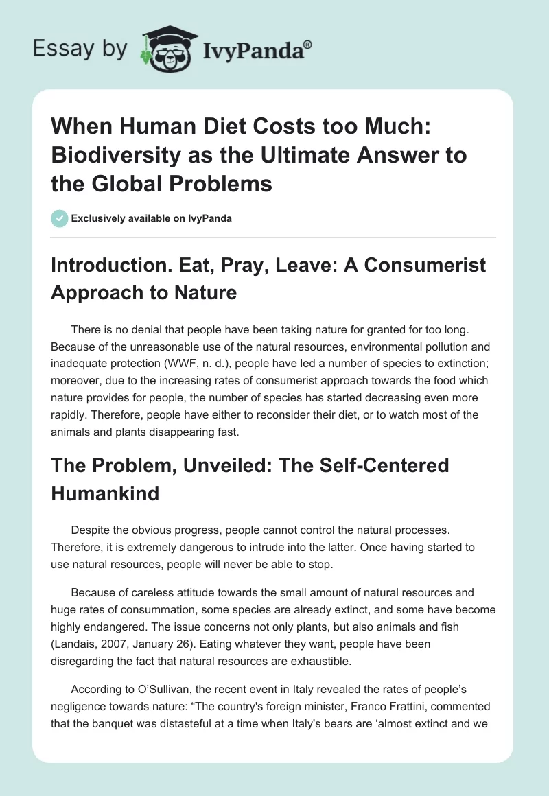 When Human Diet Costs Too Much: Biodiversity as the Ultimate Answer to the Global Problems. Page 1