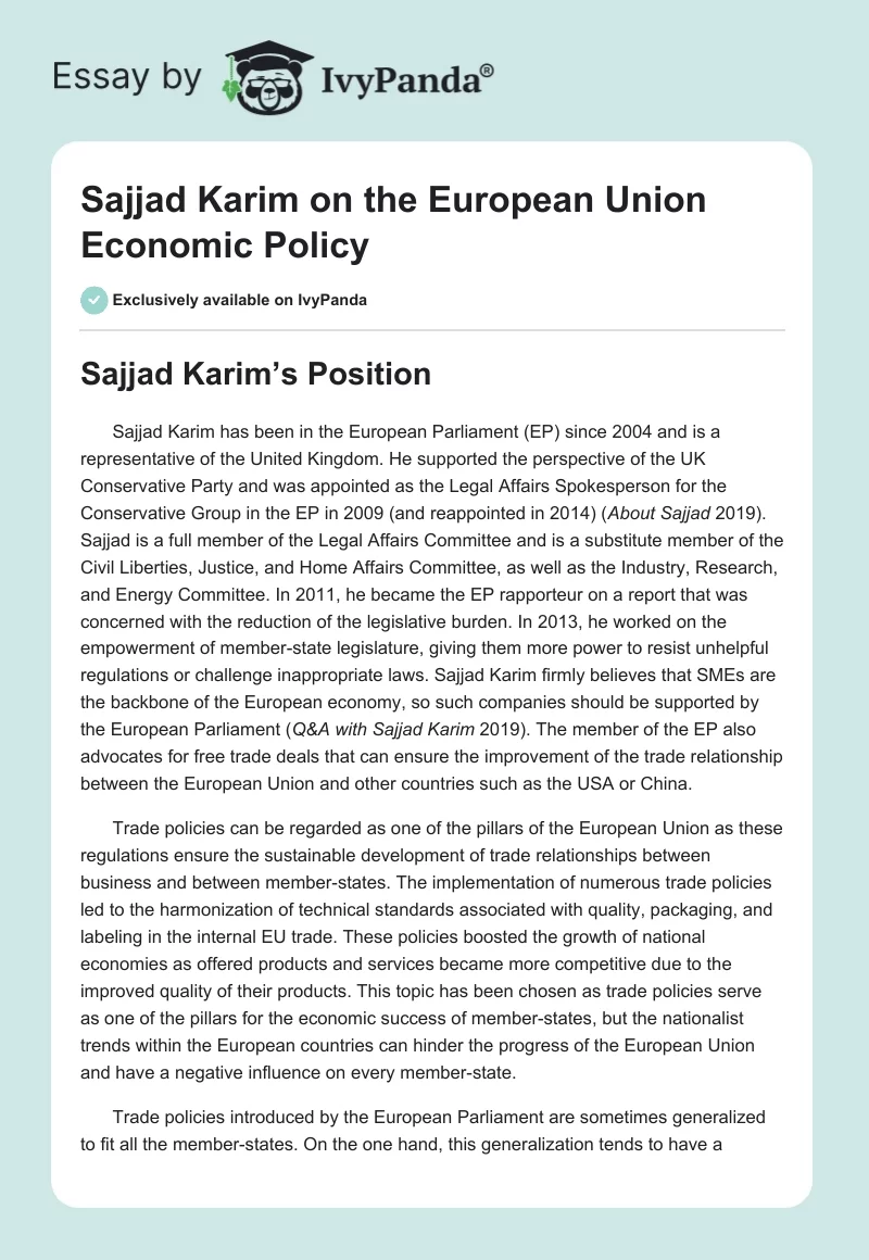 Sajjad Karim on the European Union Economic Policy. Page 1