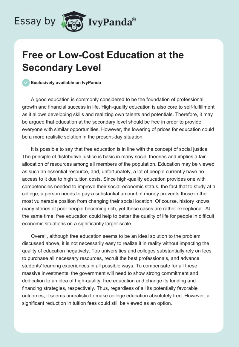 Free or Low-Cost Education at the Secondary Level. Page 1