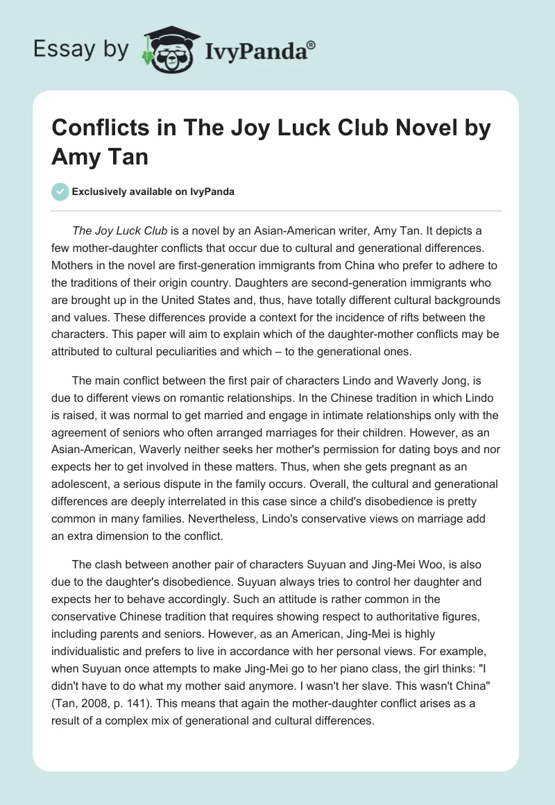 Conflicts in "The Joy Luck Club" Novel by Amy Tan. Page 1