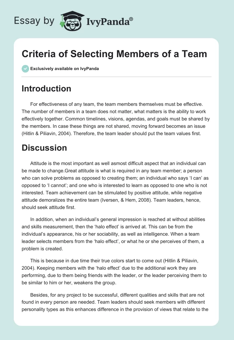 Criteria of Selecting Members of a Team. Page 1