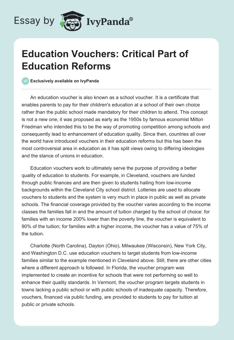 Education Vouchers: Critical Part of Education Reforms. Page 1