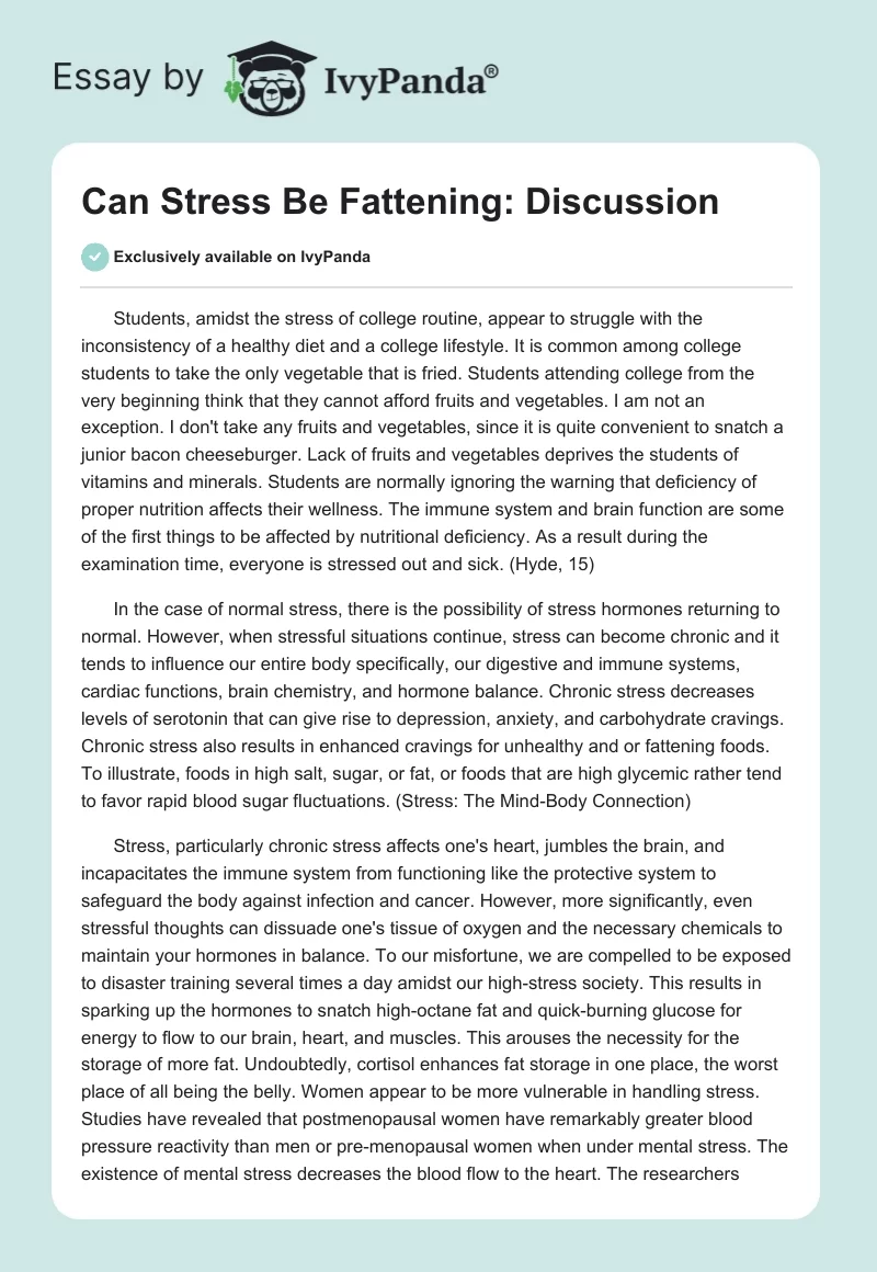 Can Stress Be Fattening: Discussion. Page 1