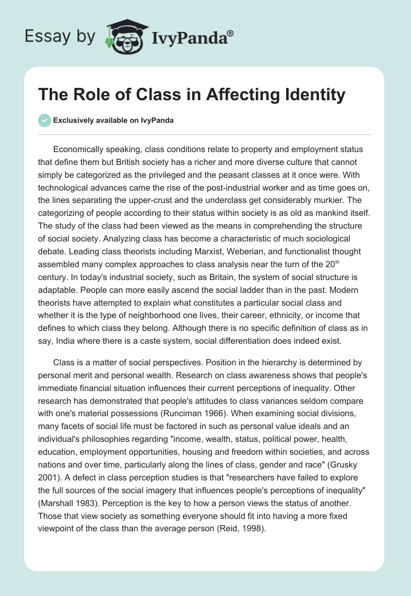 The Role of Class in Affecting Identity. Page 1