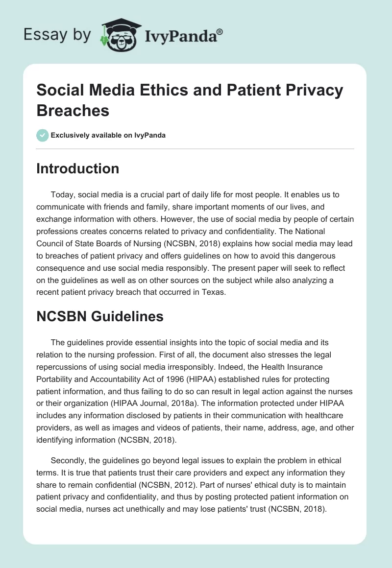 Social Media Ethics and Patient Privacy Breaches. Page 1