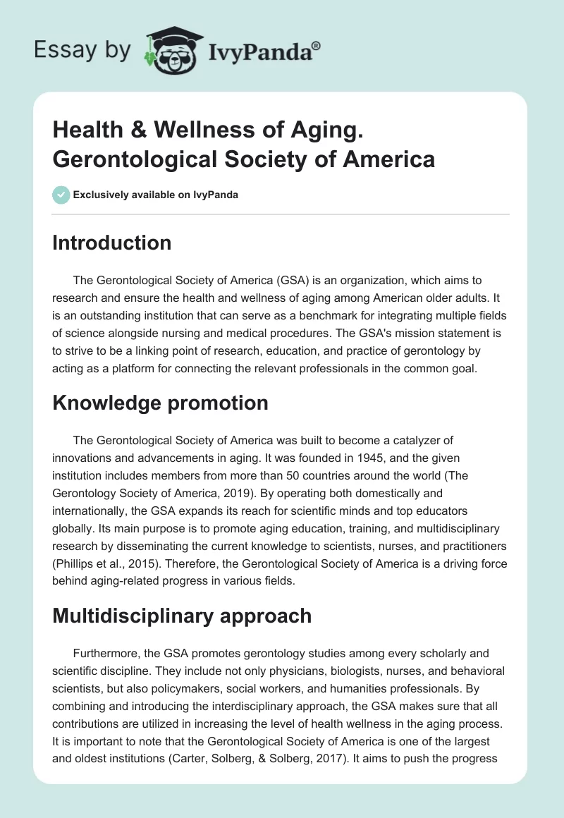 Health & Wellness of Aging. Gerontological Society of America. Page 1