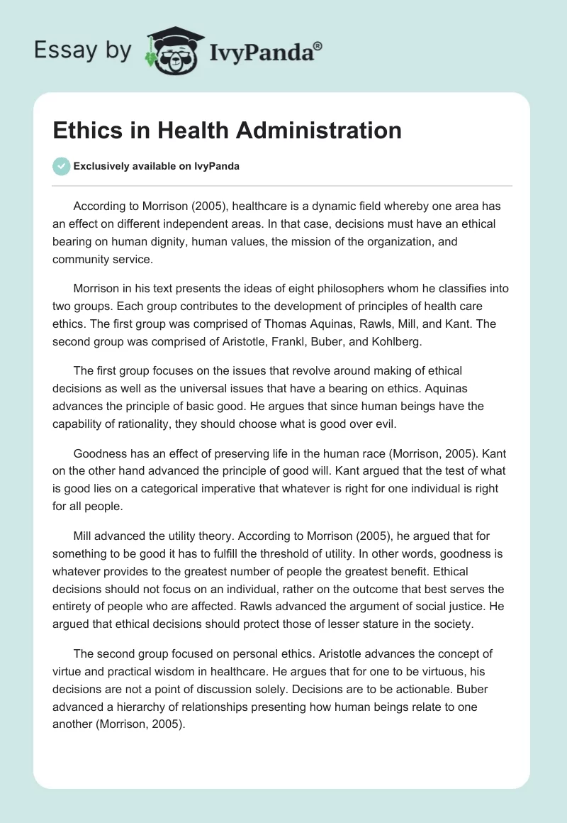 Ethics in Health Administration. Page 1