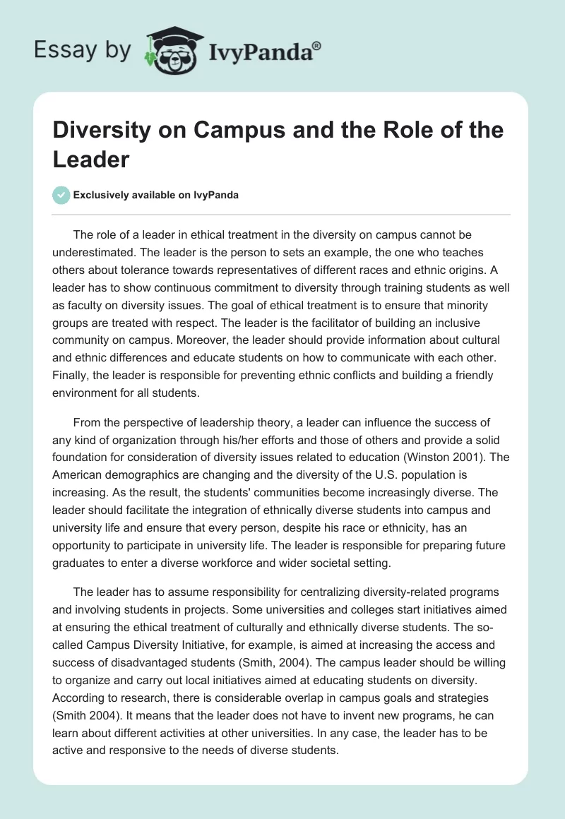Diversity on Campus and the Role of the Leader. Page 1