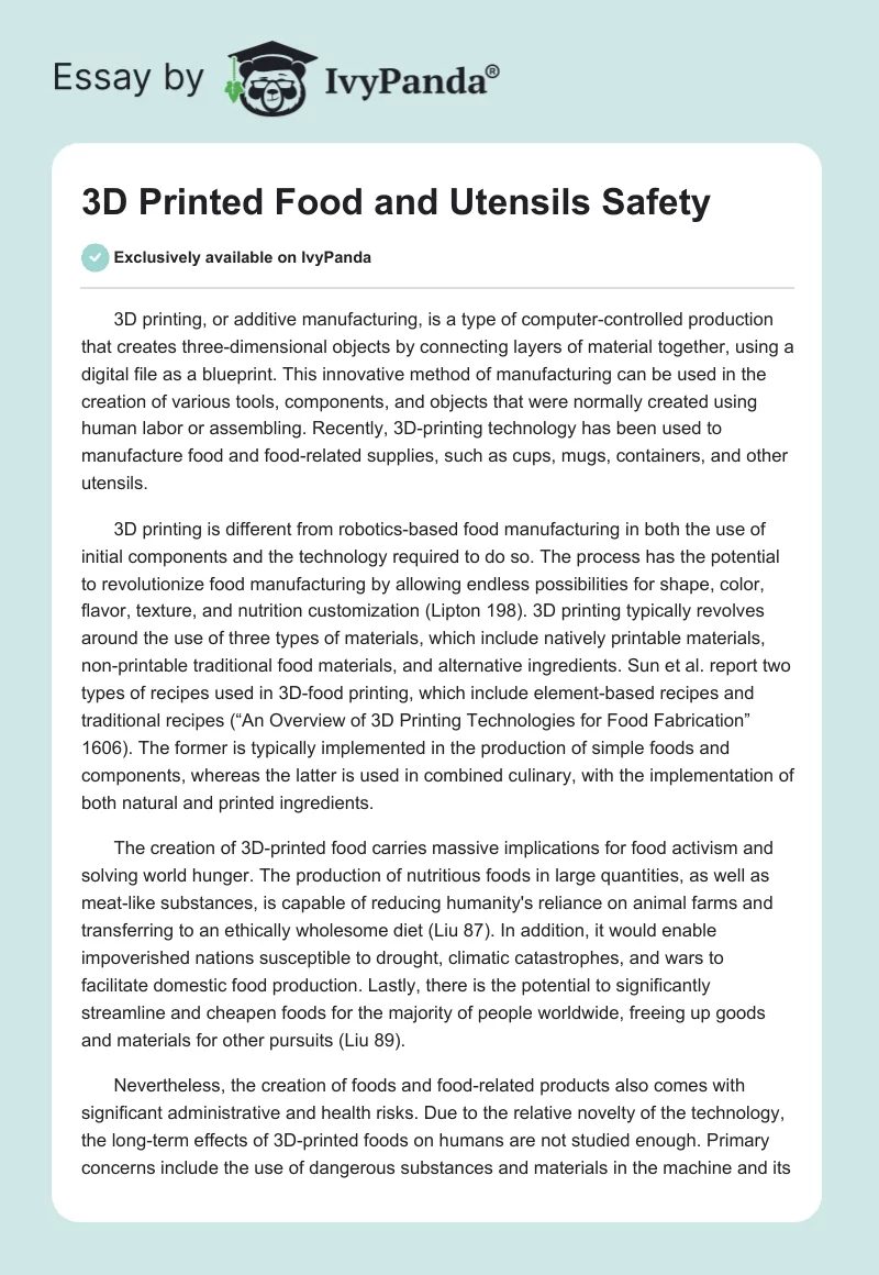 3D Printed Food and Utensils Safety. Page 1