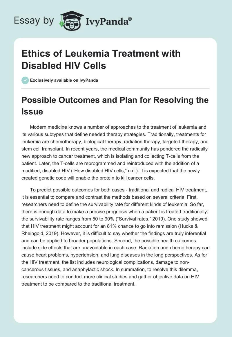 Ethics of Leukemia Treatment With Disabled HIV Cells. Page 1