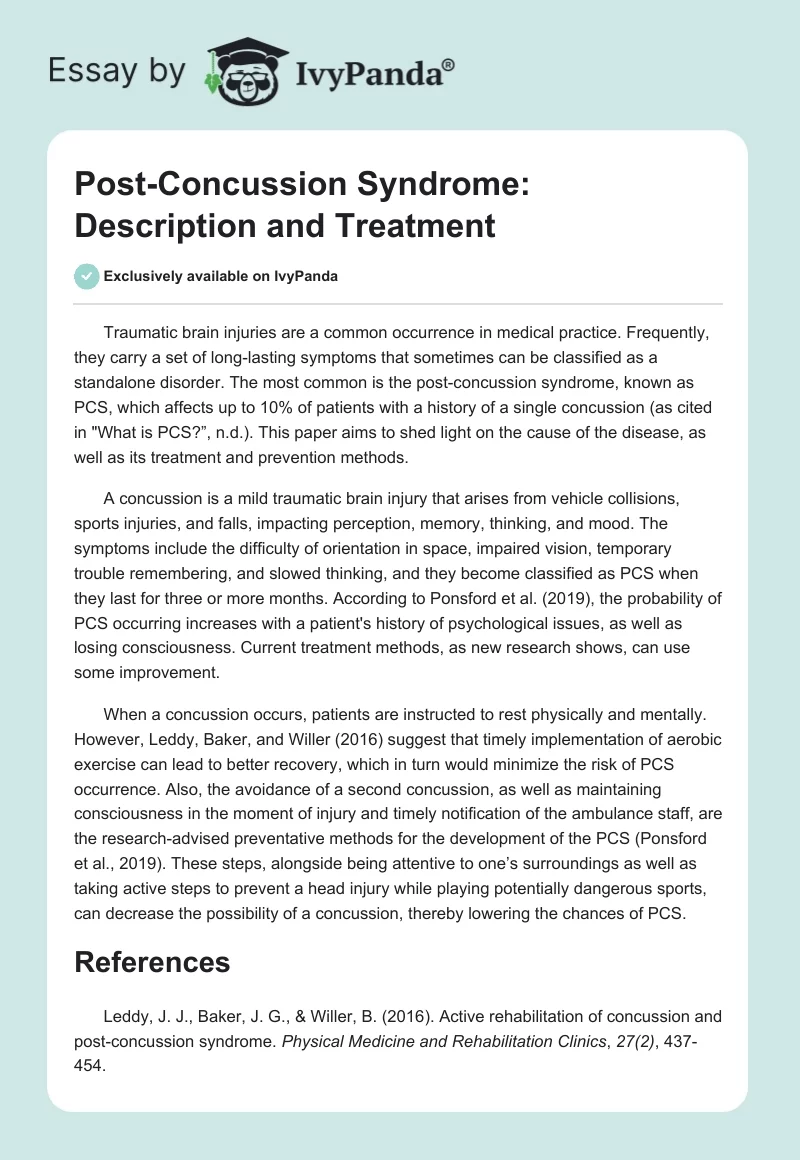 Post-Concussion Syndrome: Description and Treatment. Page 1