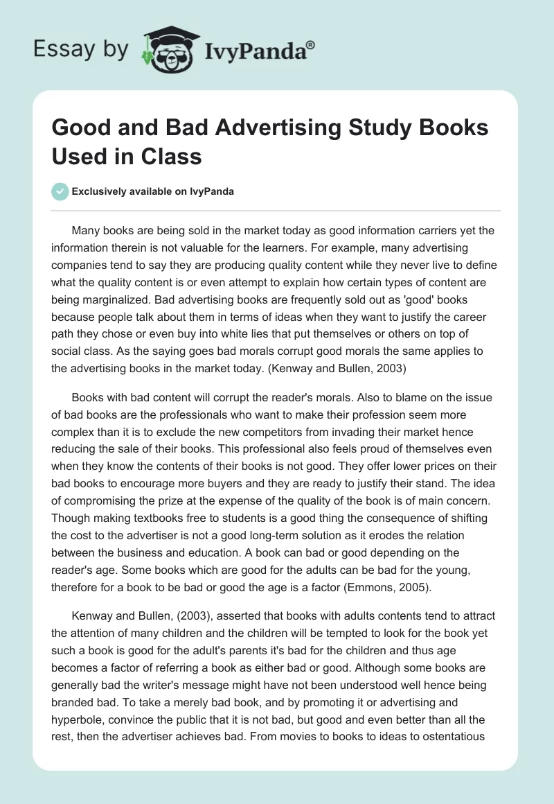 Good and Bad Advertising Study Books Used in Class. Page 1