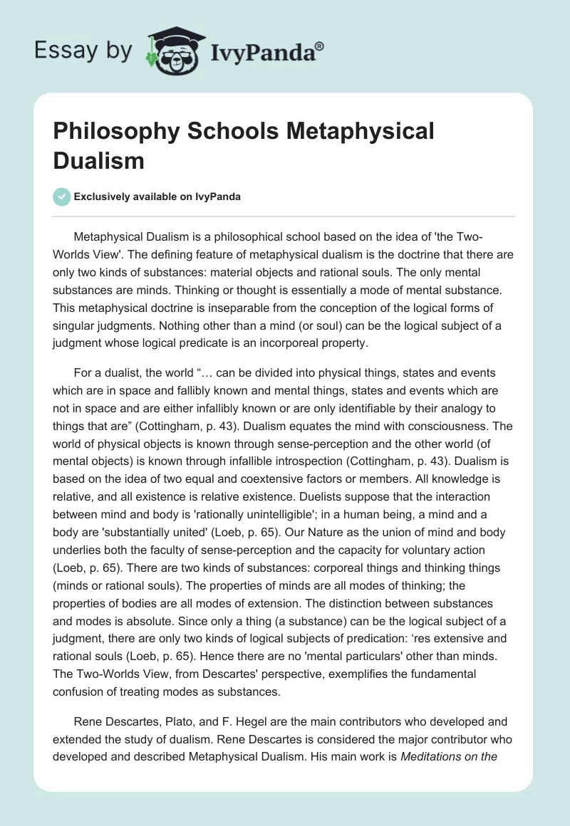 Philosophy Schools Metaphysical Dualism. Page 1