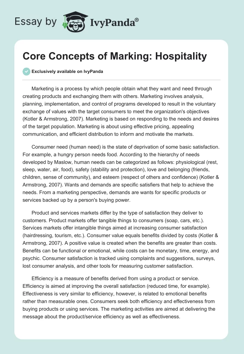 Core Concepts of Marking: Hospitality. Page 1