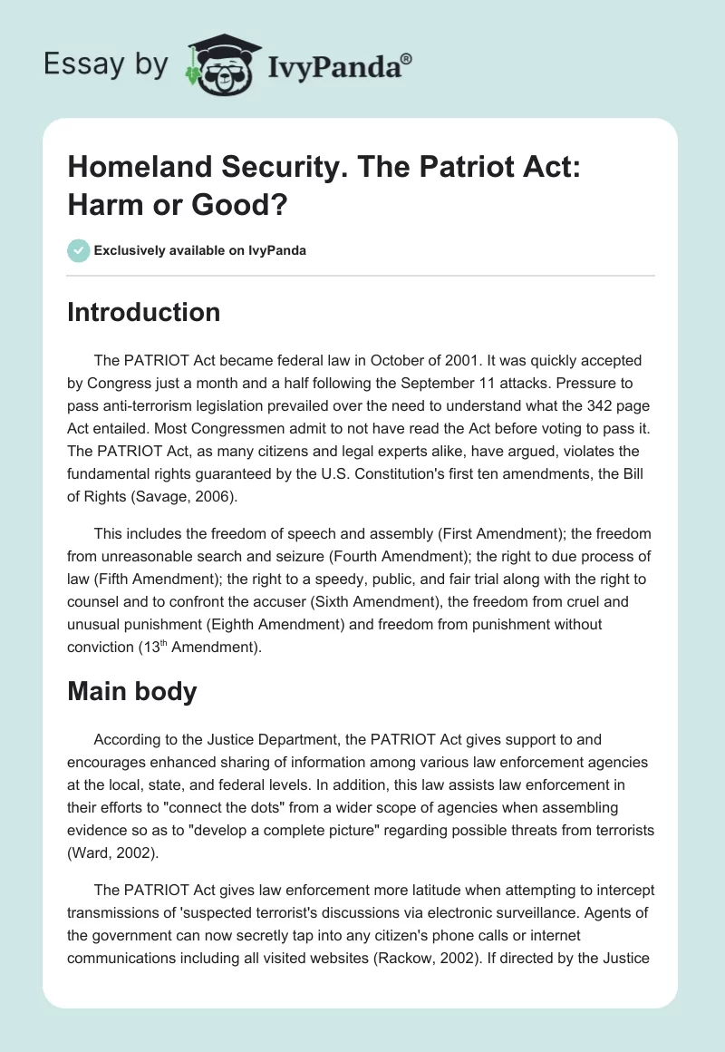 Homeland Security. The Patriot Act: Harm or Good?. Page 1