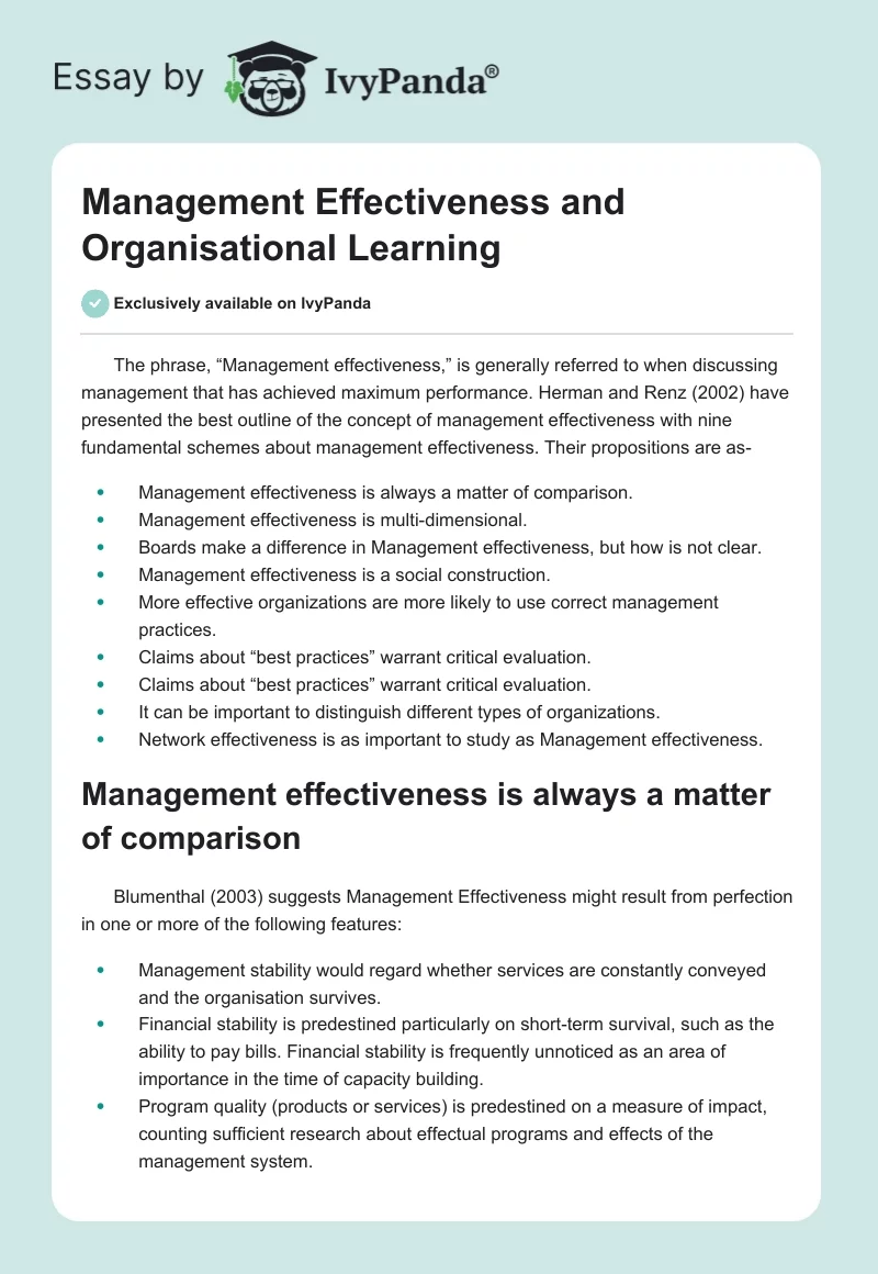 Management Effectiveness and Organisational Learning. Page 1