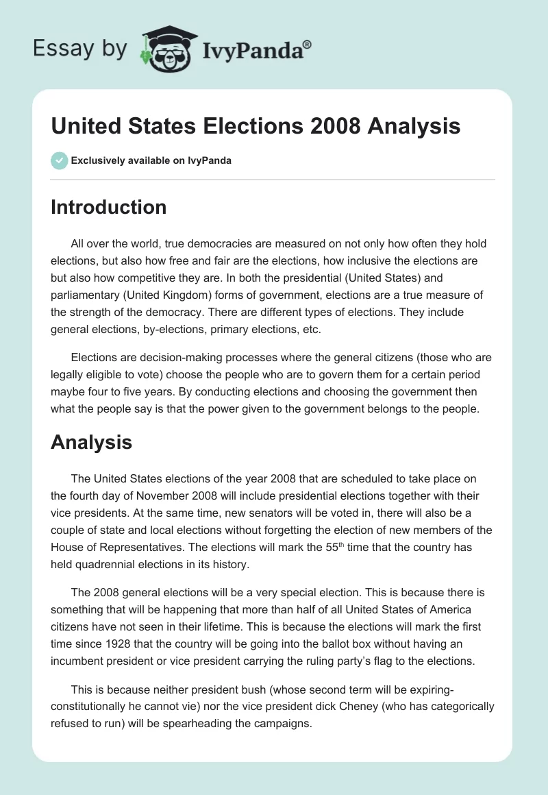 United States Elections 2008 Analysis. Page 1