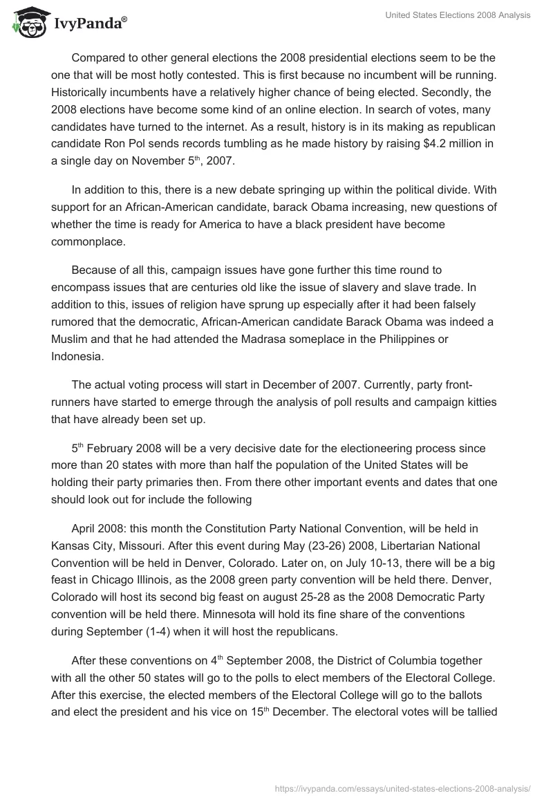 United States Elections 2008 Analysis. Page 2