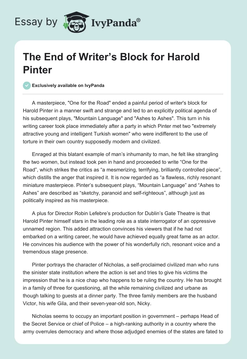 The End of Writer’s Block for Harold Pinter. Page 1