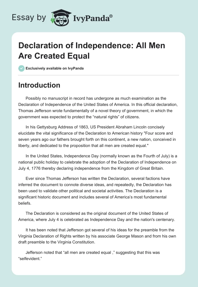 Declaration of Independence: All Men Are Created Equal. Page 1