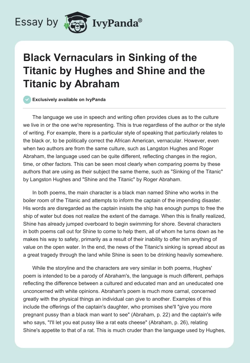 Black Vernaculars in "Sinking of the Titanic" by Hughes and "Shine and the Titanic" by Abraham. Page 1