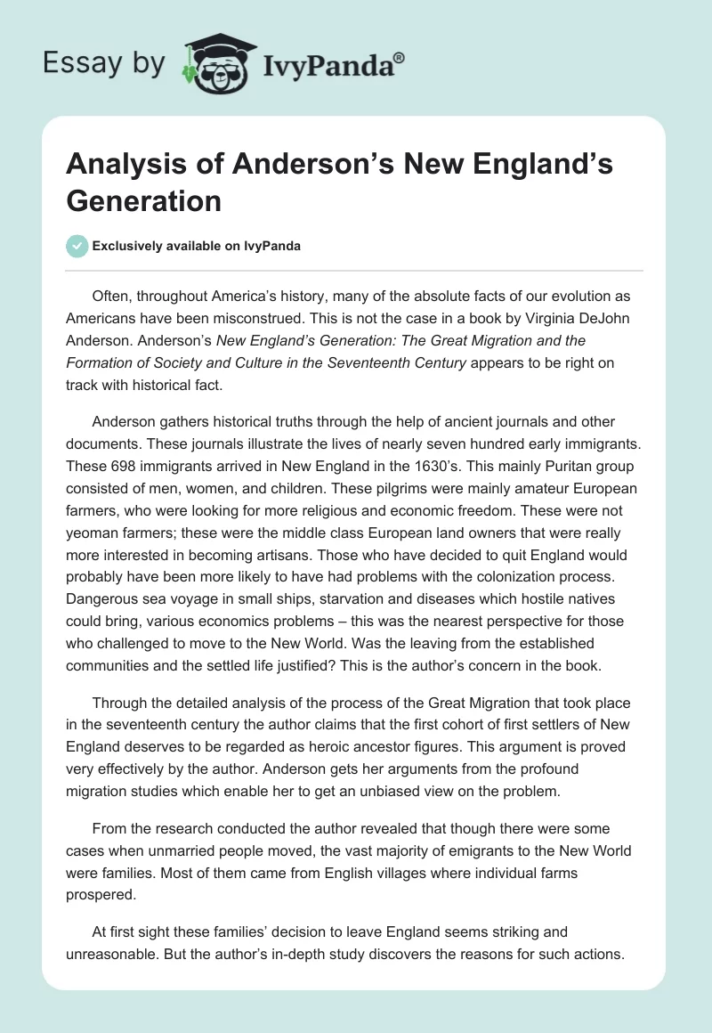 Analysis of Anderson’s "New England’s Generation". Page 1