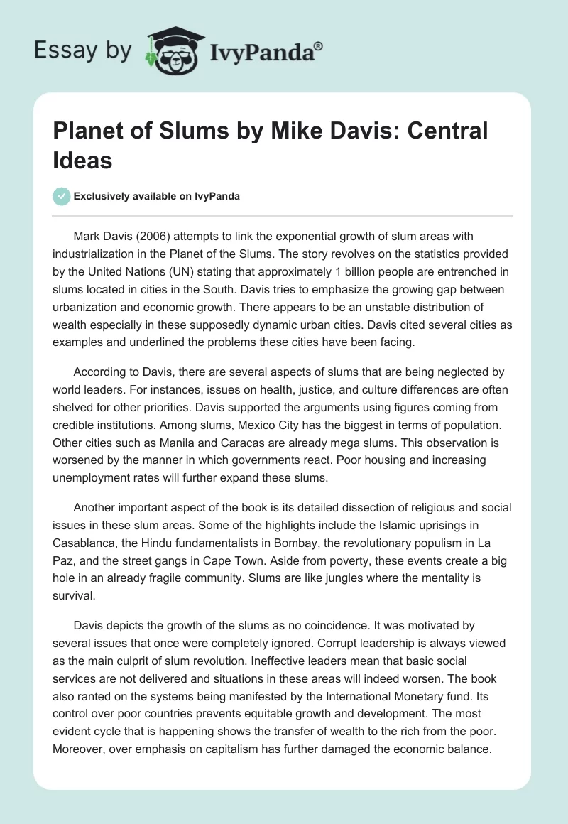 "Planet of Slums" by Mike Davis: Central Ideas. Page 1