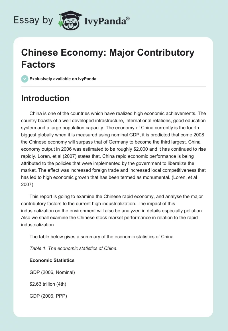 Chinese Economy: Major Contributory Factors. Page 1