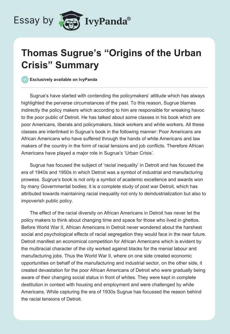 Thomas Sugrue’s “Origins of the Urban Crisis” Summary. Page 1