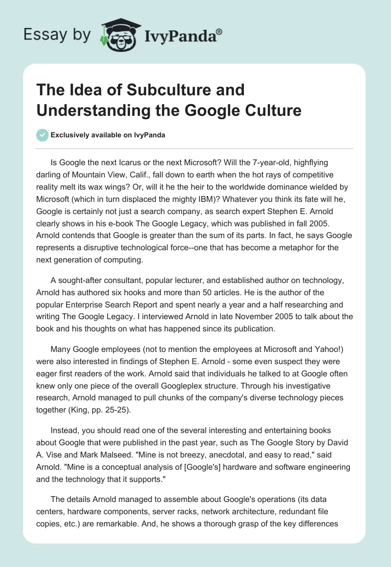 The Idea of Subculture and Understanding the Google Culture. Page 1