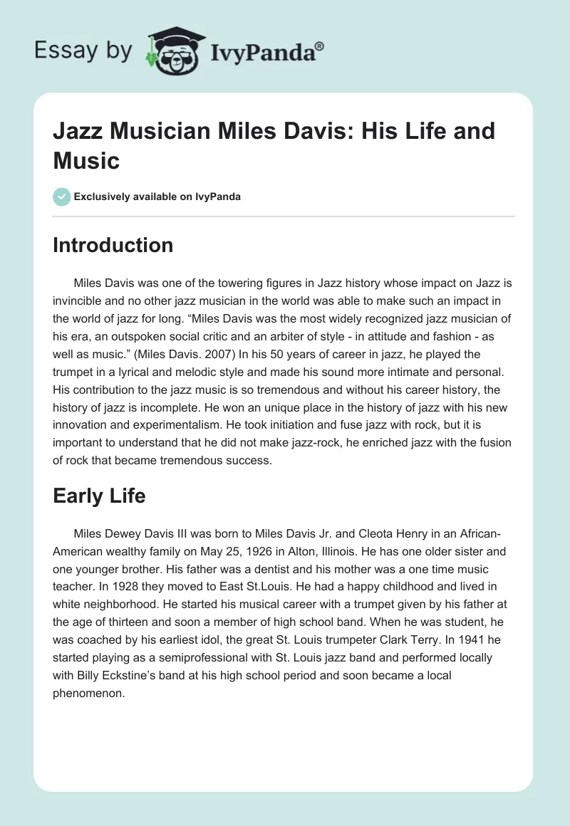 Jazz Musician Miles Davis: His Life and Music. Page 1