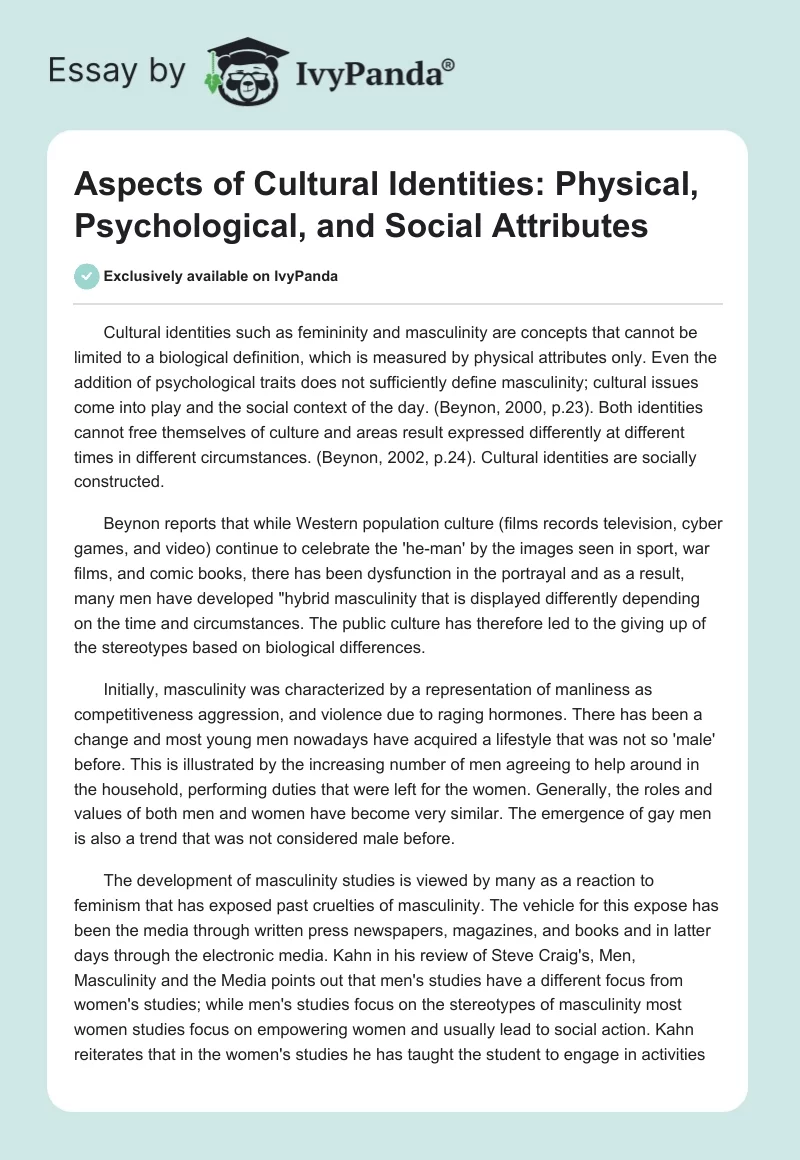 Aspects of Cultural Identities: Physical, Psychological, and Social Attributes. Page 1
