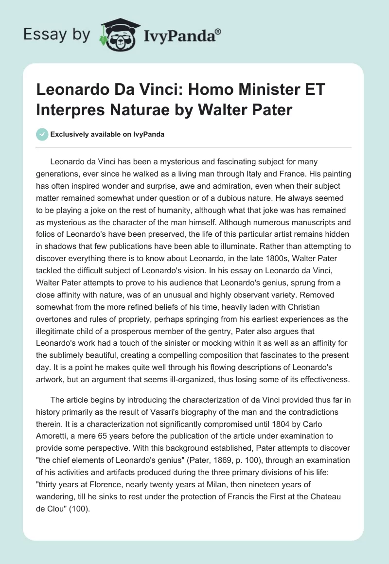"Leonardo Da Vinci: Homo Minister ET Interpres Naturae" by Walter Pater. Page 1