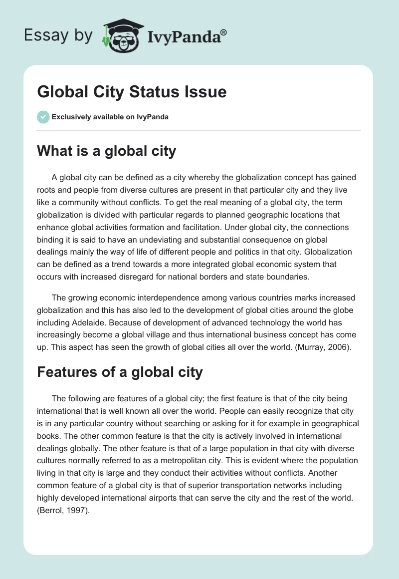 Global City Status Issue. Page 1