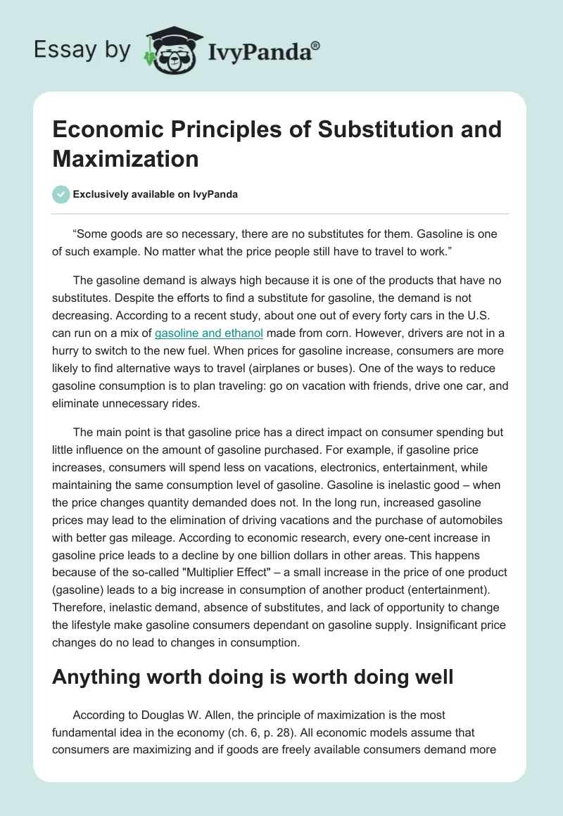 Economic Principles of Substitution and Maximization. Page 1